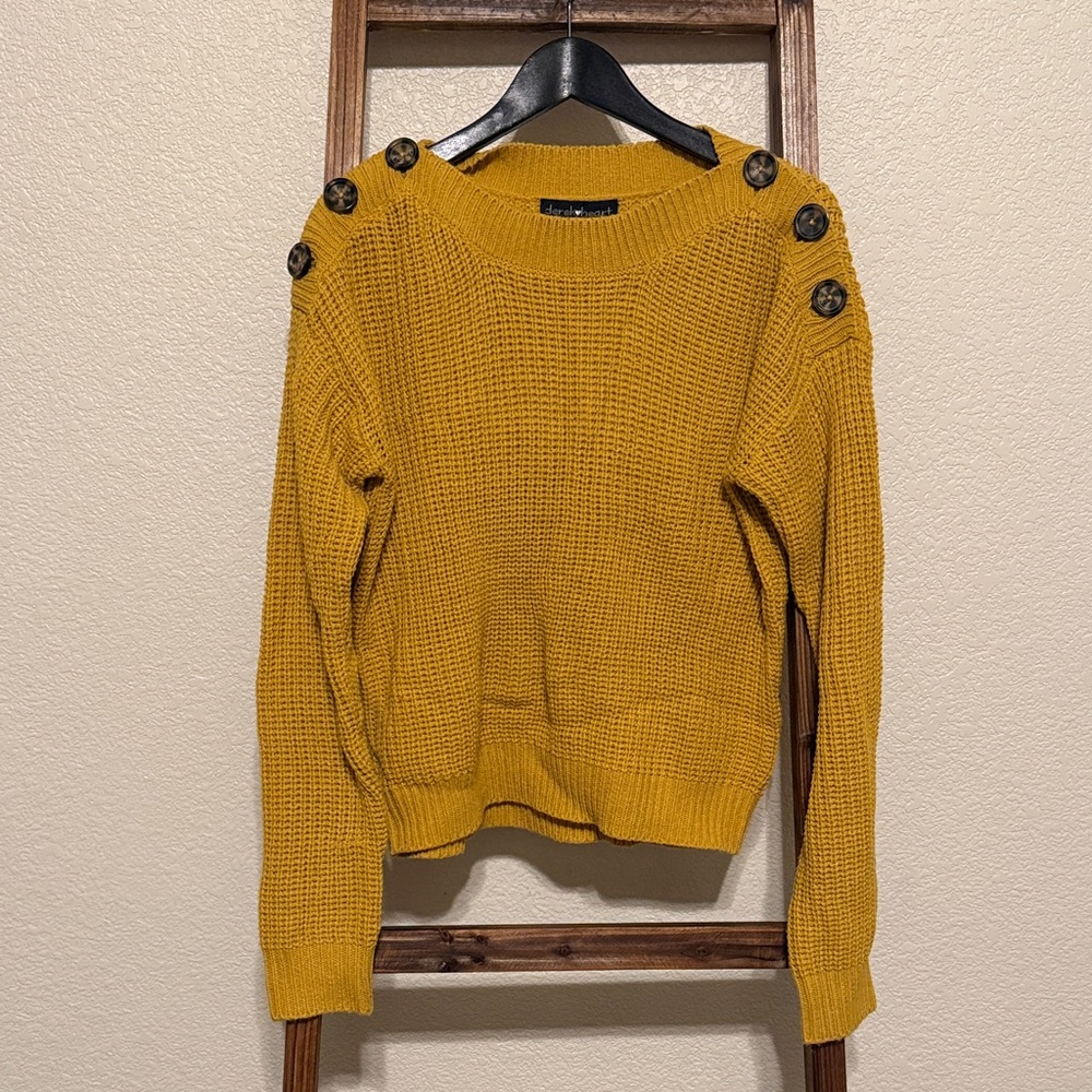 Derek Heart Mustard Button-Shoulder Sweater